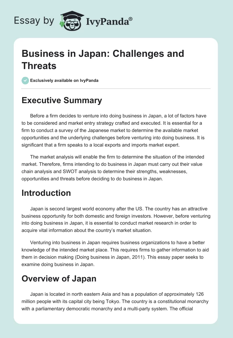 Business in Japan: Challenges and Threats. Page 1