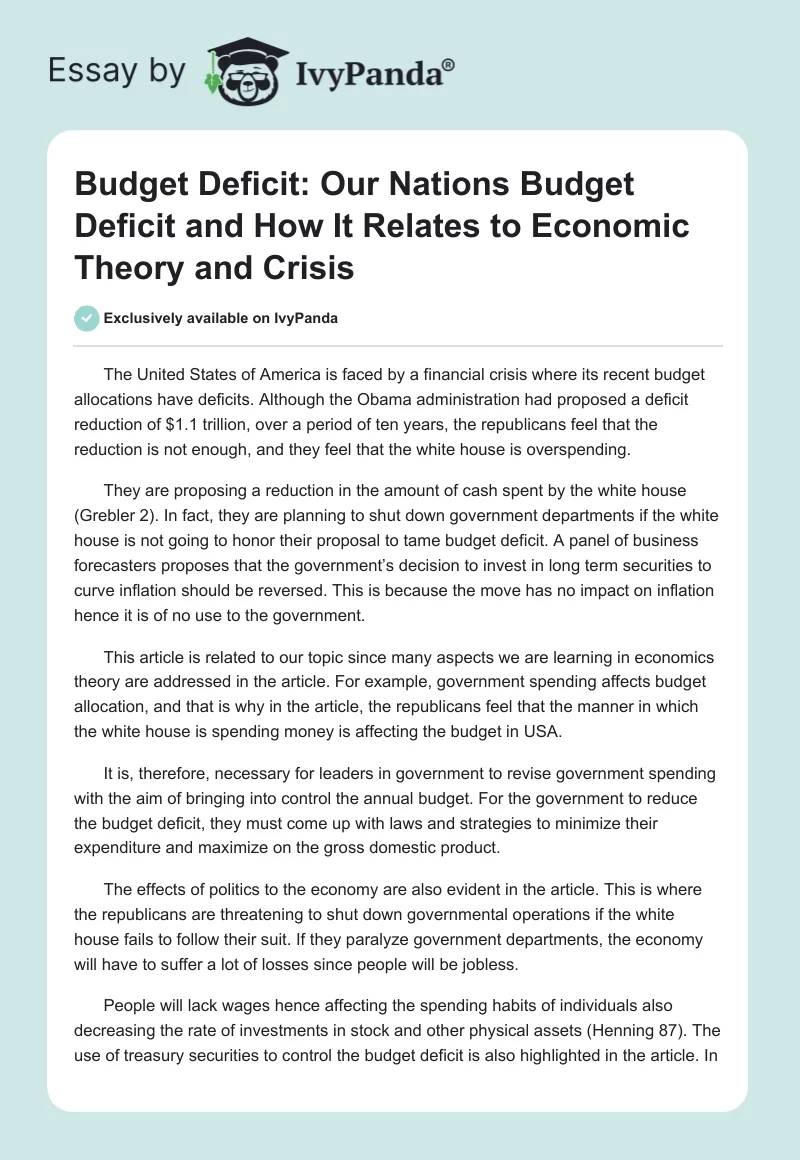 Budget Deficit: Our Nations Budget Deficit and How It Relates to Economic Theory and Crisis. Page 1