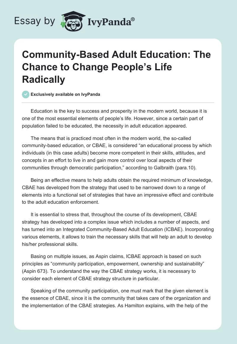 Community-Based Adult Education: The Chance to Change People’s Life Radically. Page 1