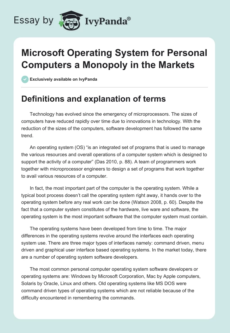 Microsoft Operating System for Personal Computers a Monopoly in the Markets. Page 1