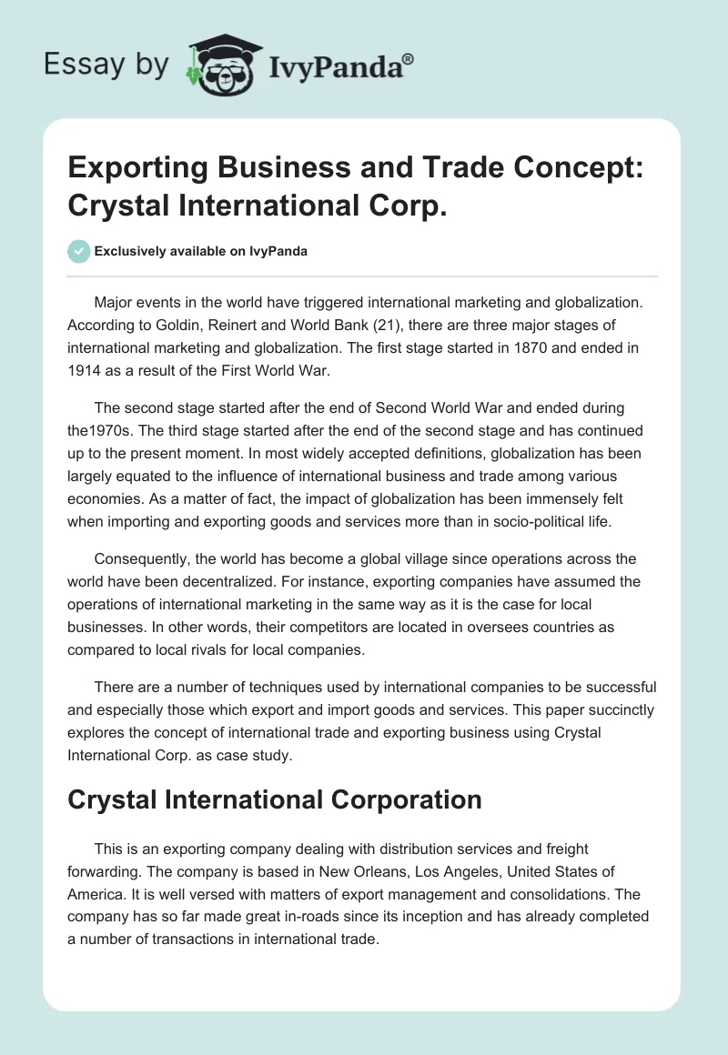 Exporting Business and Trade Concept: Crystal International Corp.. Page 1