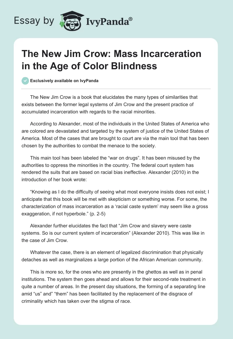 The New Jim Crow: Mass Incarceration in the Age of Color Blindness. Page 1