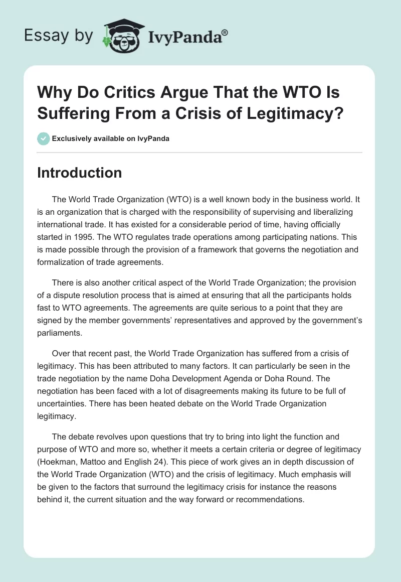 Why Do Critics Argue That the WTO Is Suffering From a Crisis of Legitimacy?. Page 1