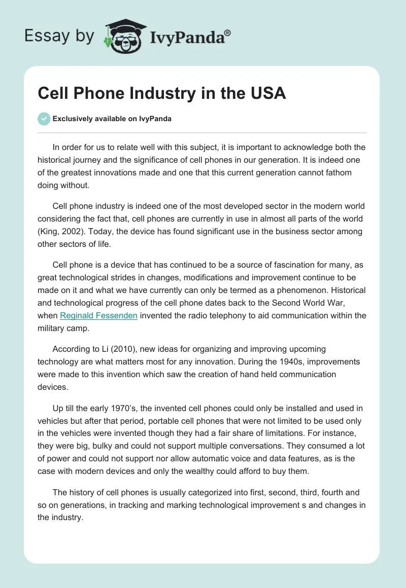 Cell Phone Industry in the USA. Page 1