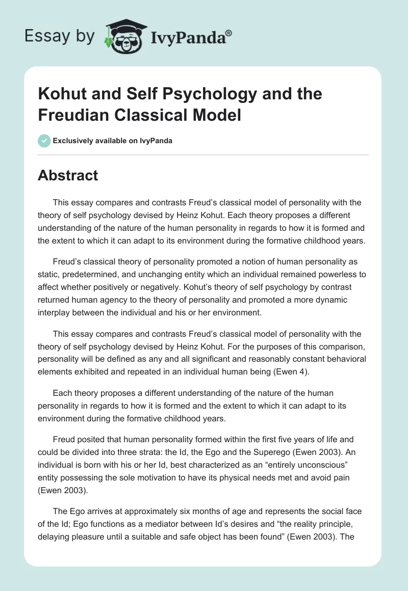 Kohut and Self Psychology and the Freudian Classical Model. Page 1