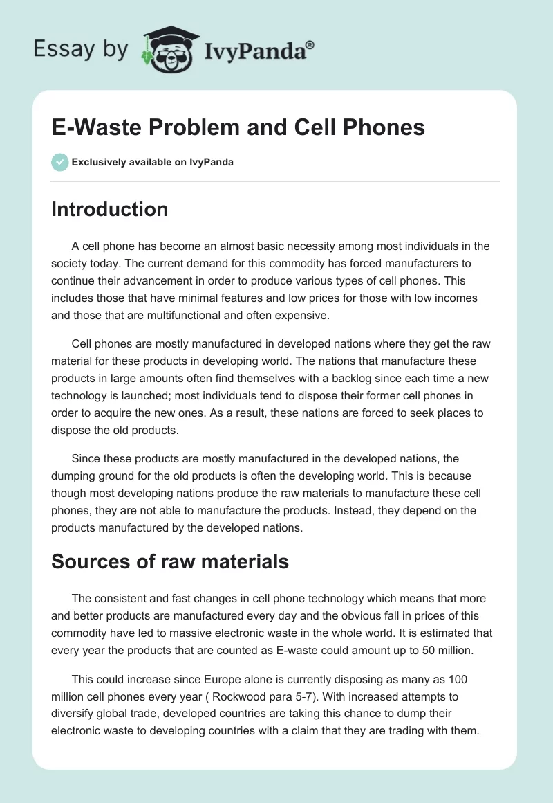 E-Waste Problem and Cell Phones. Page 1