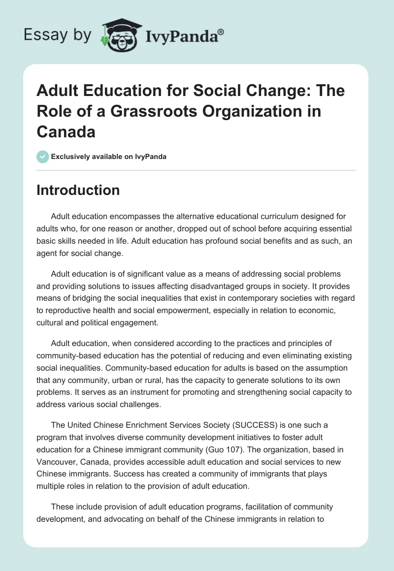 Adult Education for Social Change: The Role of a Grassroots Organization in Canada. Page 1