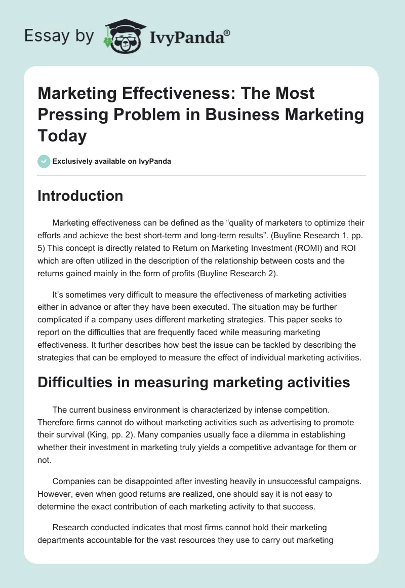 Marketing Effectiveness: The Most Pressing Problem in Business Marketing Today. Page 1