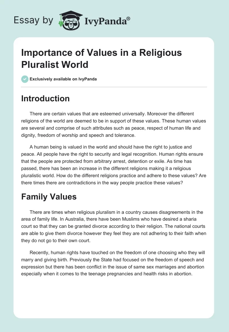 Importance of Values in a Religious Pluralist World. Page 1