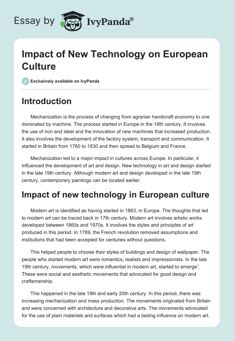 Impact of New Technology on European Culture. Page 1