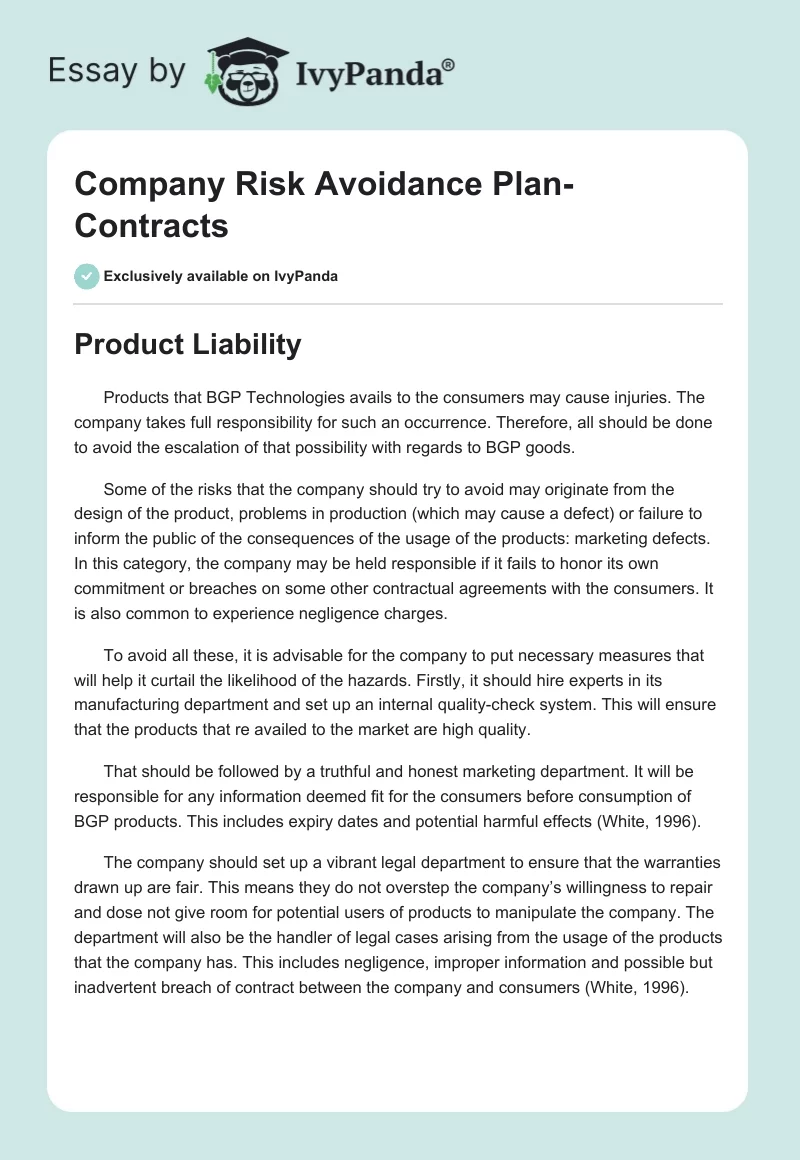 Company Risk Avoidance Plan-Contracts. Page 1