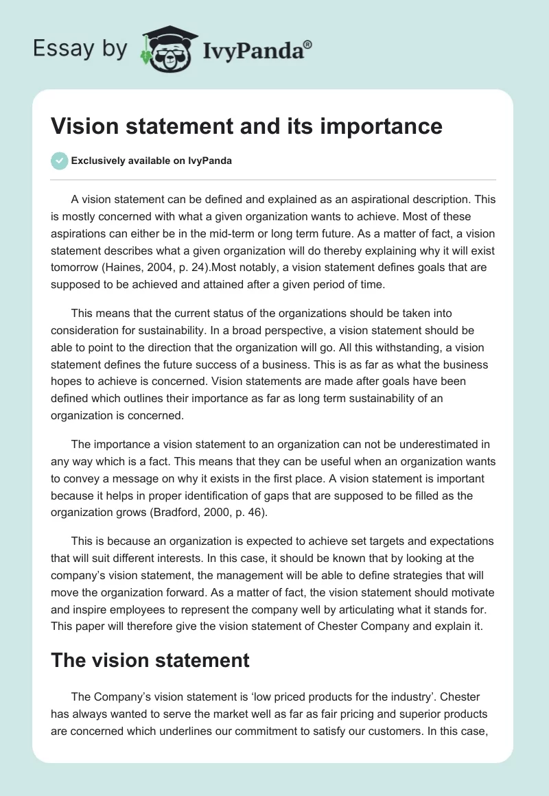 Vision statement and its importance. Page 1