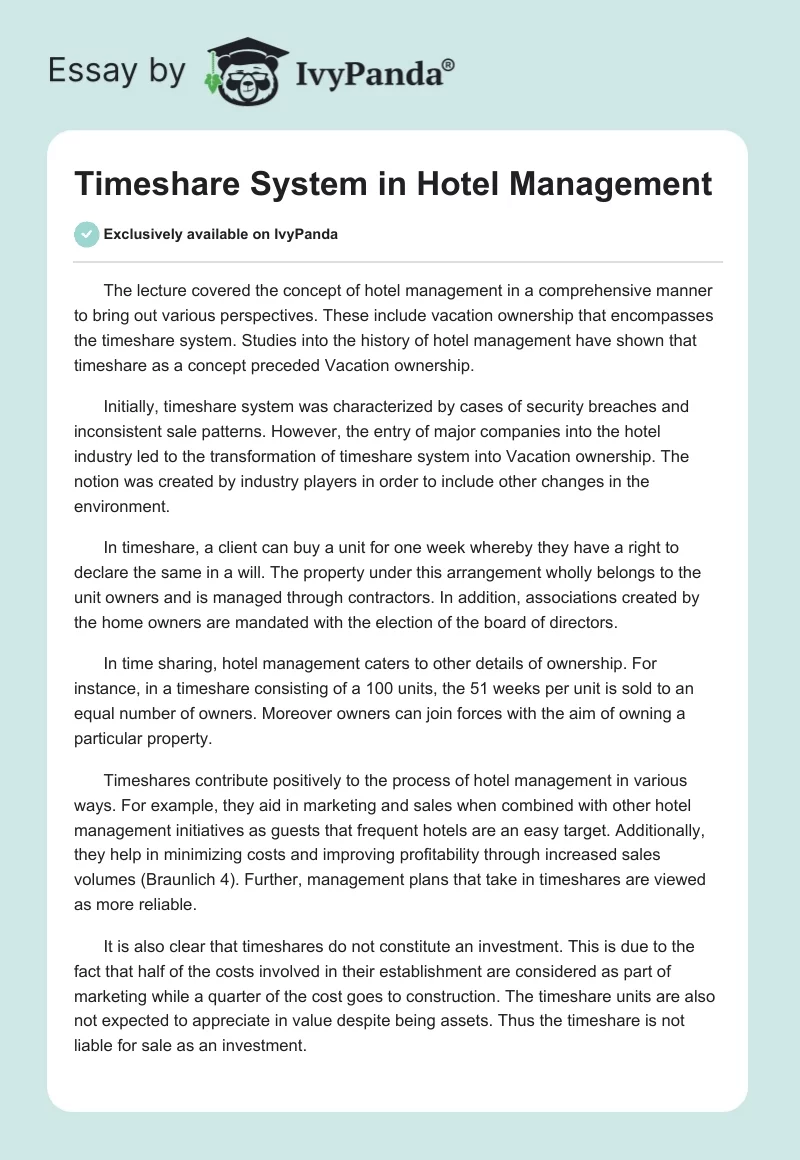 Timeshare System in Hotel Management. Page 1