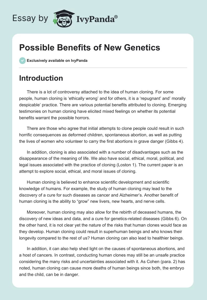 Possible Benefits of New Genetics. Page 1