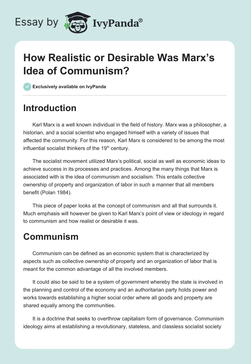 How Realistic or Desirable Was Marx’s Idea of Communism?. Page 1