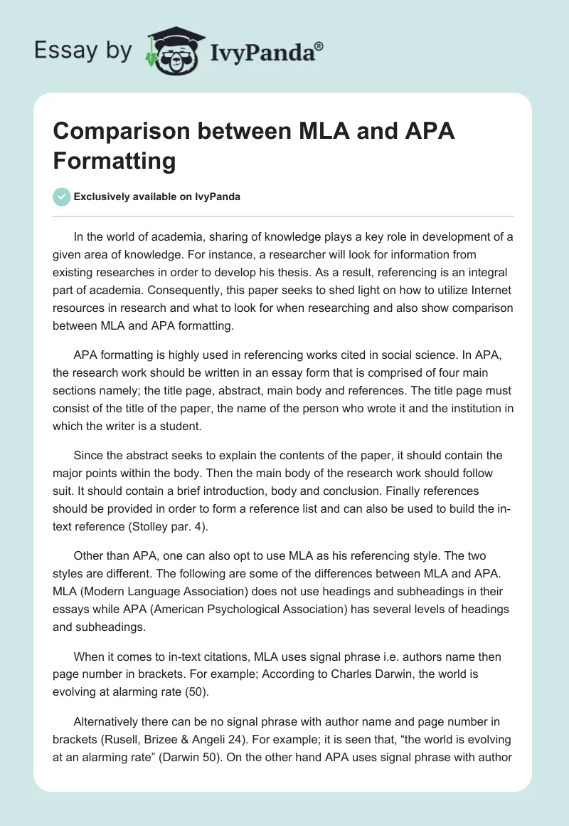 Comparison between MLA and APA Formatting. Page 1