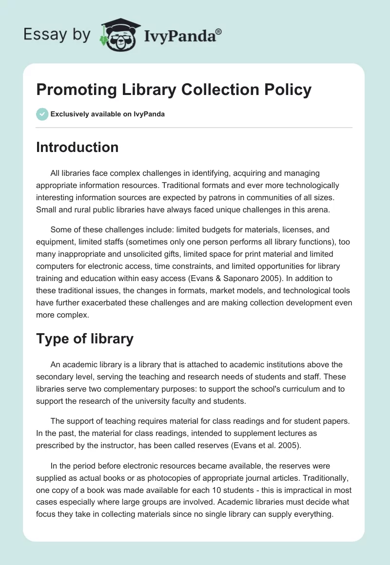 Promoting Library Collection Policy. Page 1