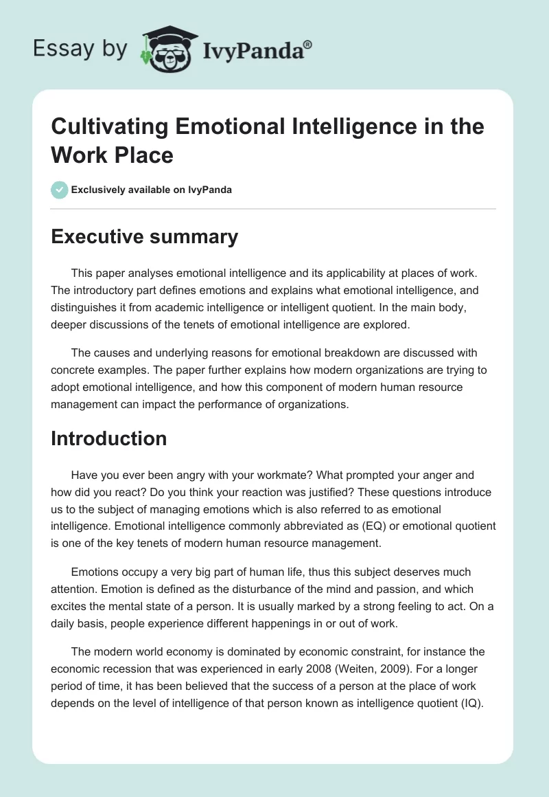Cultivating Emotional Intelligence in the Work Place. Page 1