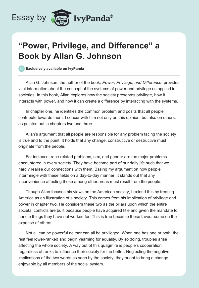 “Power, Privilege, and Difference” a Book by Allan G. Johnson. Page 1