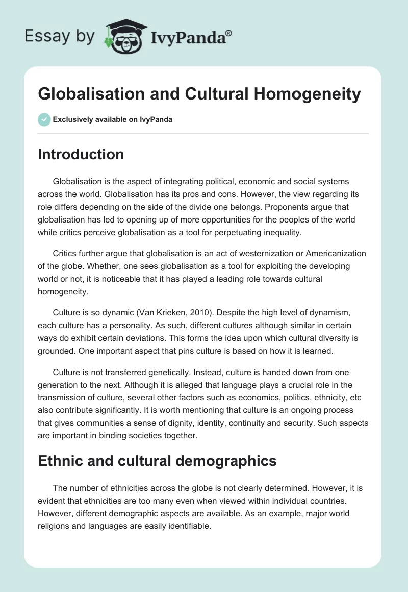 Globalisation and Cultural Homogeneity. Page 1