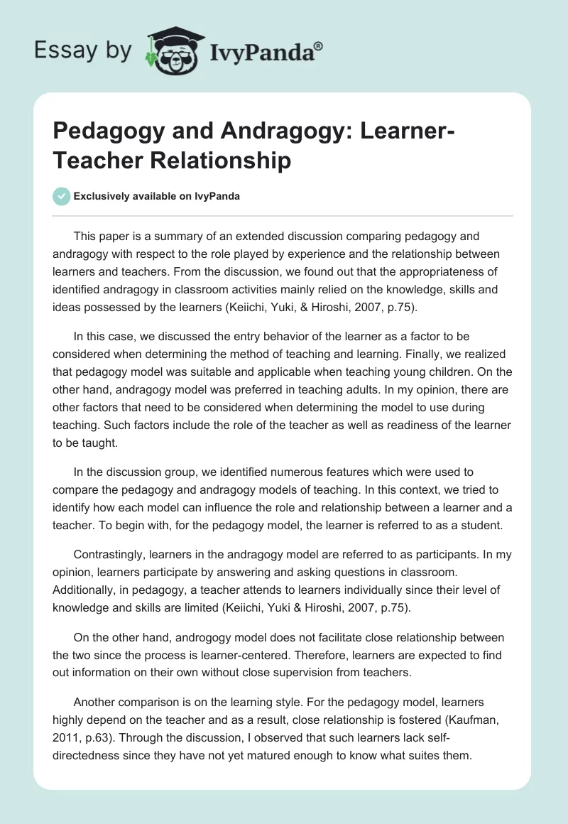 Pedagogy and Andragogy: Learner-Teacher Relationship. Page 1