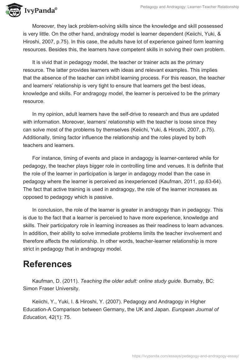 Pedagogy and Andragogy: Learner-Teacher Relationship. Page 2