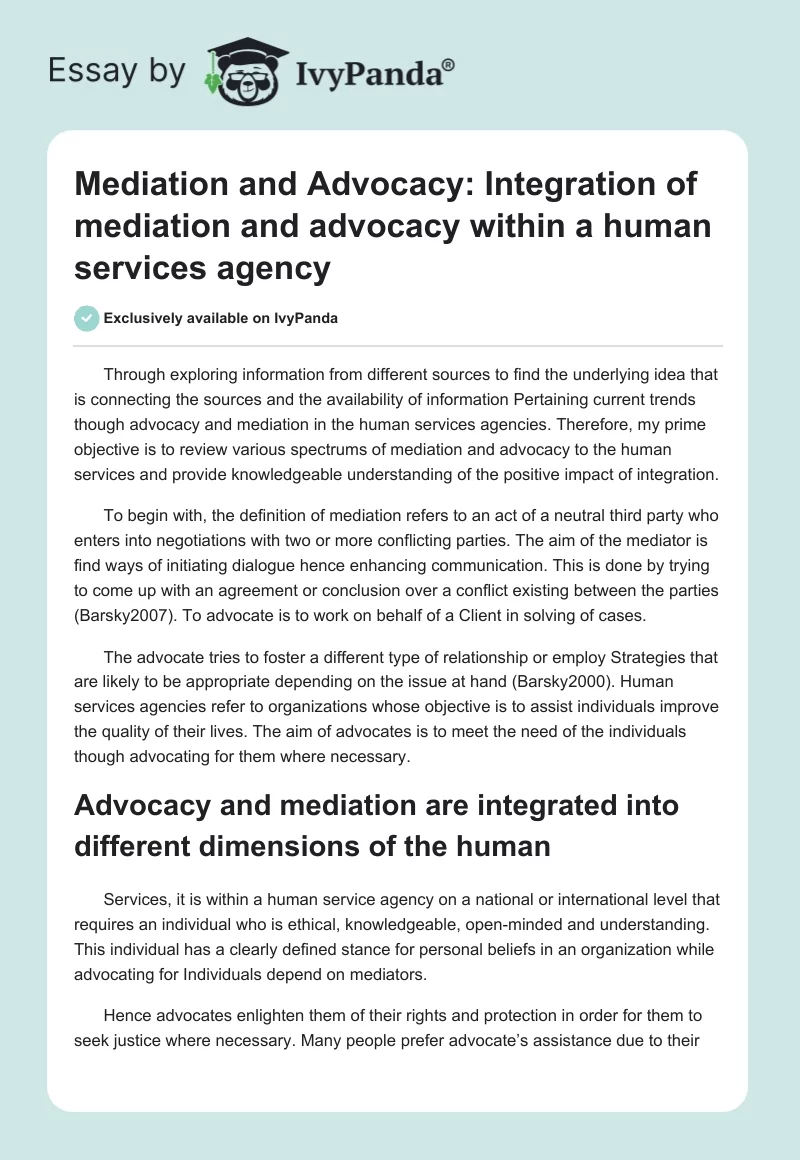 Mediation and Advocacy: Integration of mediation and advocacy within a human services agency. Page 1