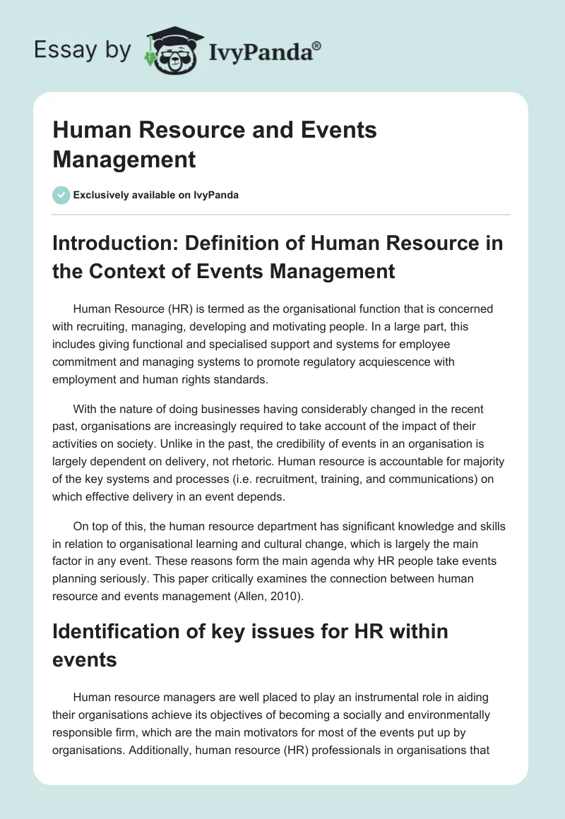 Human Resource and Events Management. Page 1