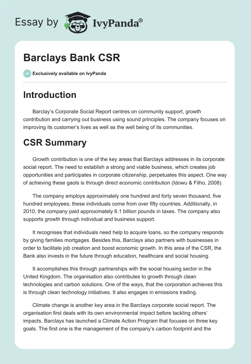 Barclays Bank CSR. Page 1