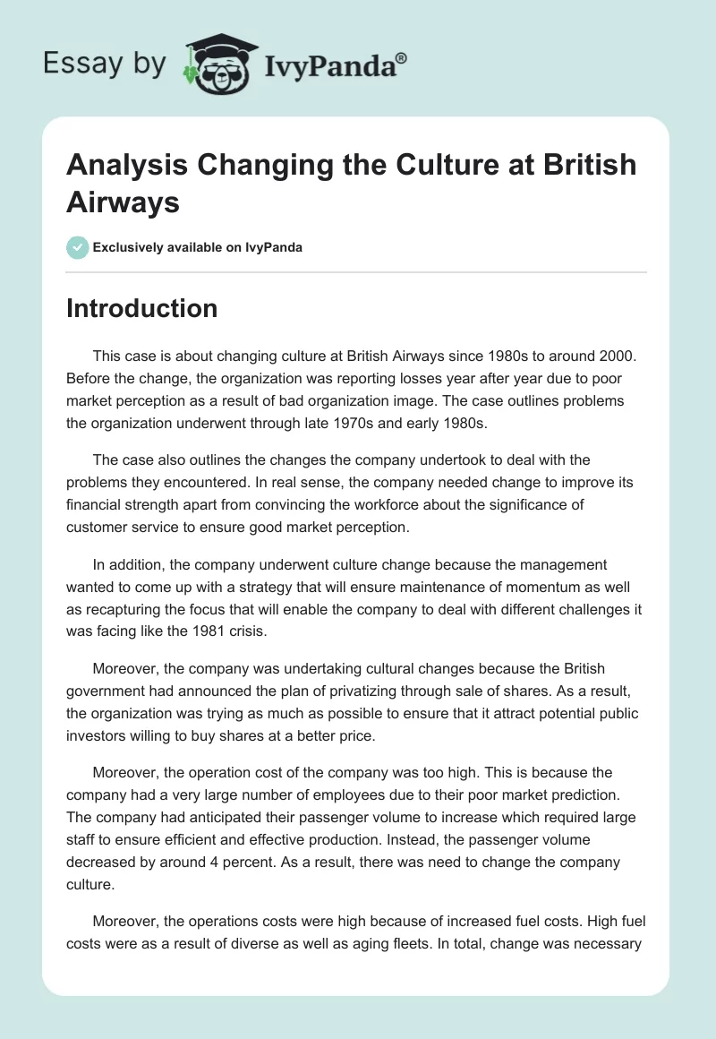 Analysis Changing the Culture at British Airways. Page 1