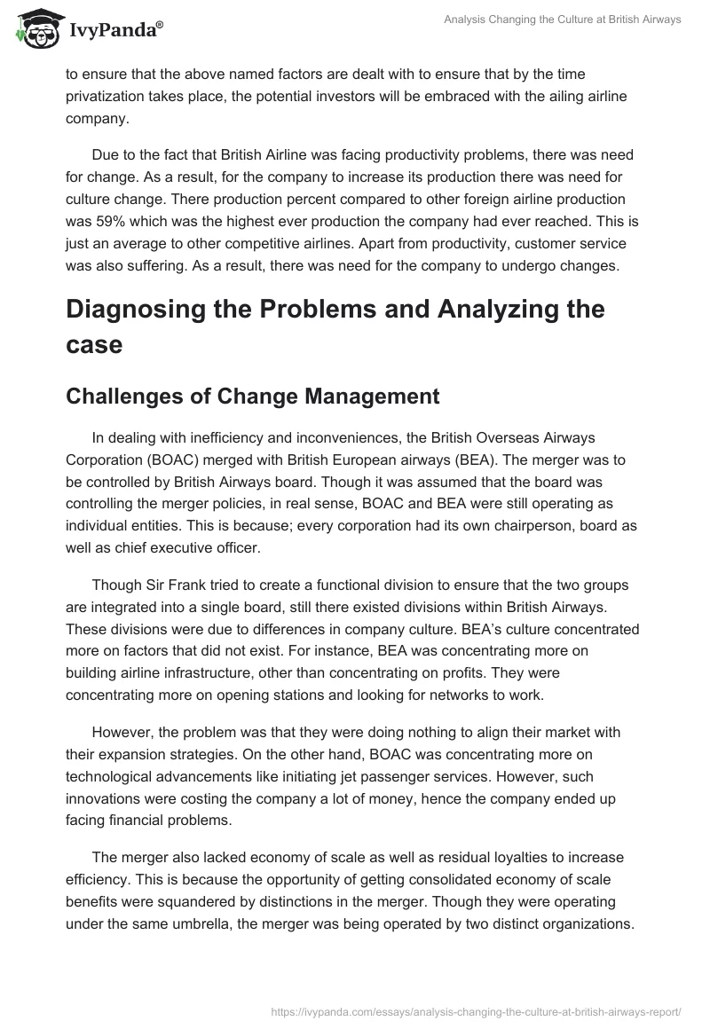 Analysis Changing the Culture at British Airways. Page 2