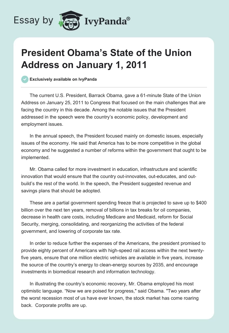 President Obama’s State of the Union Address on January 1, 2011. Page 1
