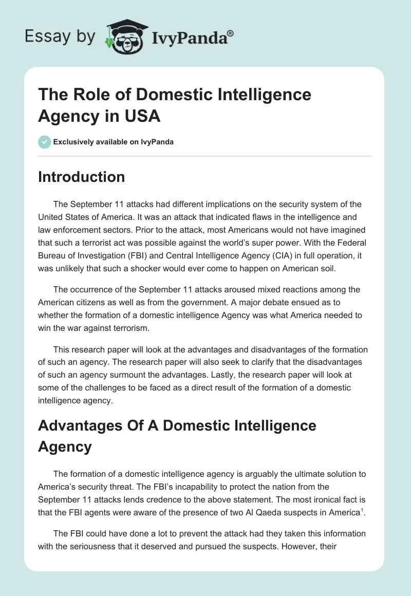 The Role of Domestic Intelligence Agency in USA. Page 1