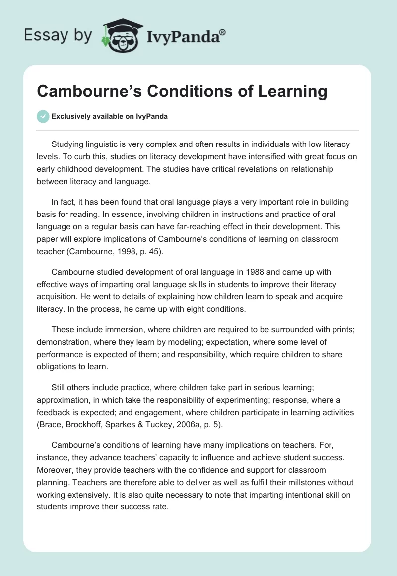 Cambourne’s Conditions of Learning. Page 1