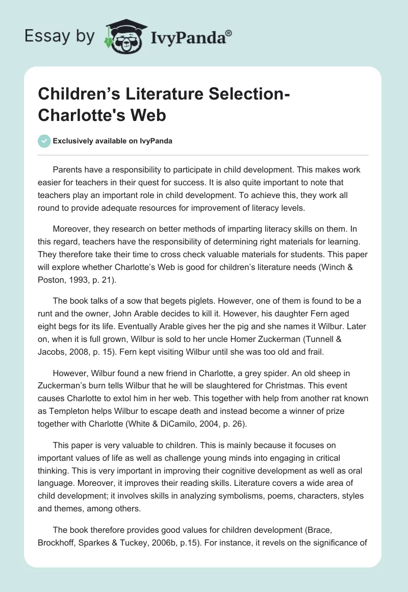 Children’s Literature Selection- Charlotte's Web. Page 1