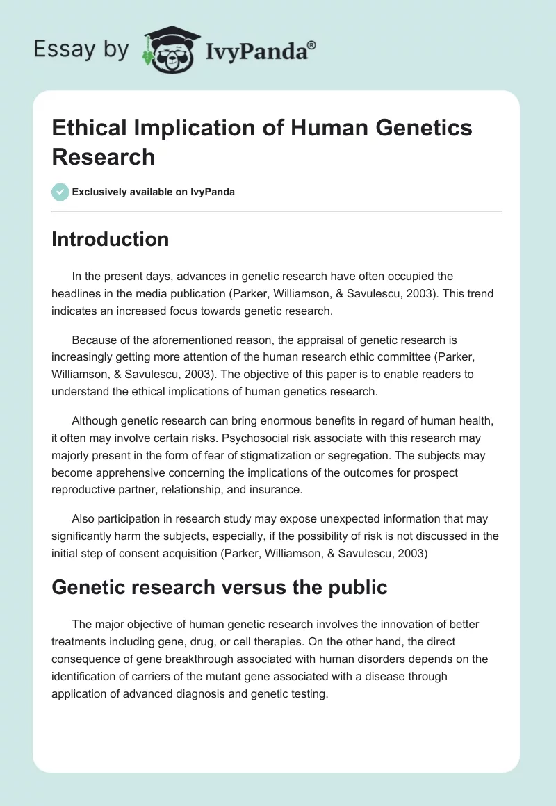 Ethical Implication of Human Genetics Research. Page 1
