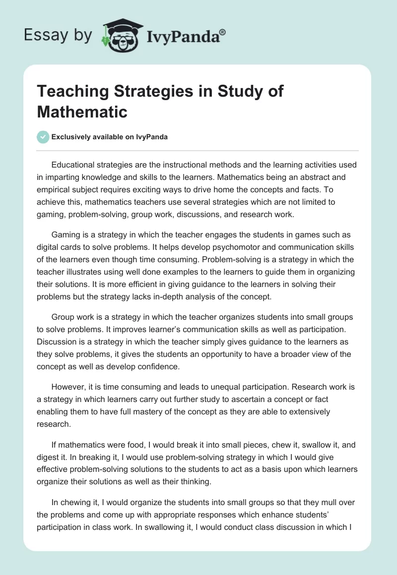 Teaching Strategies in Study of Mathematic . Page 1
