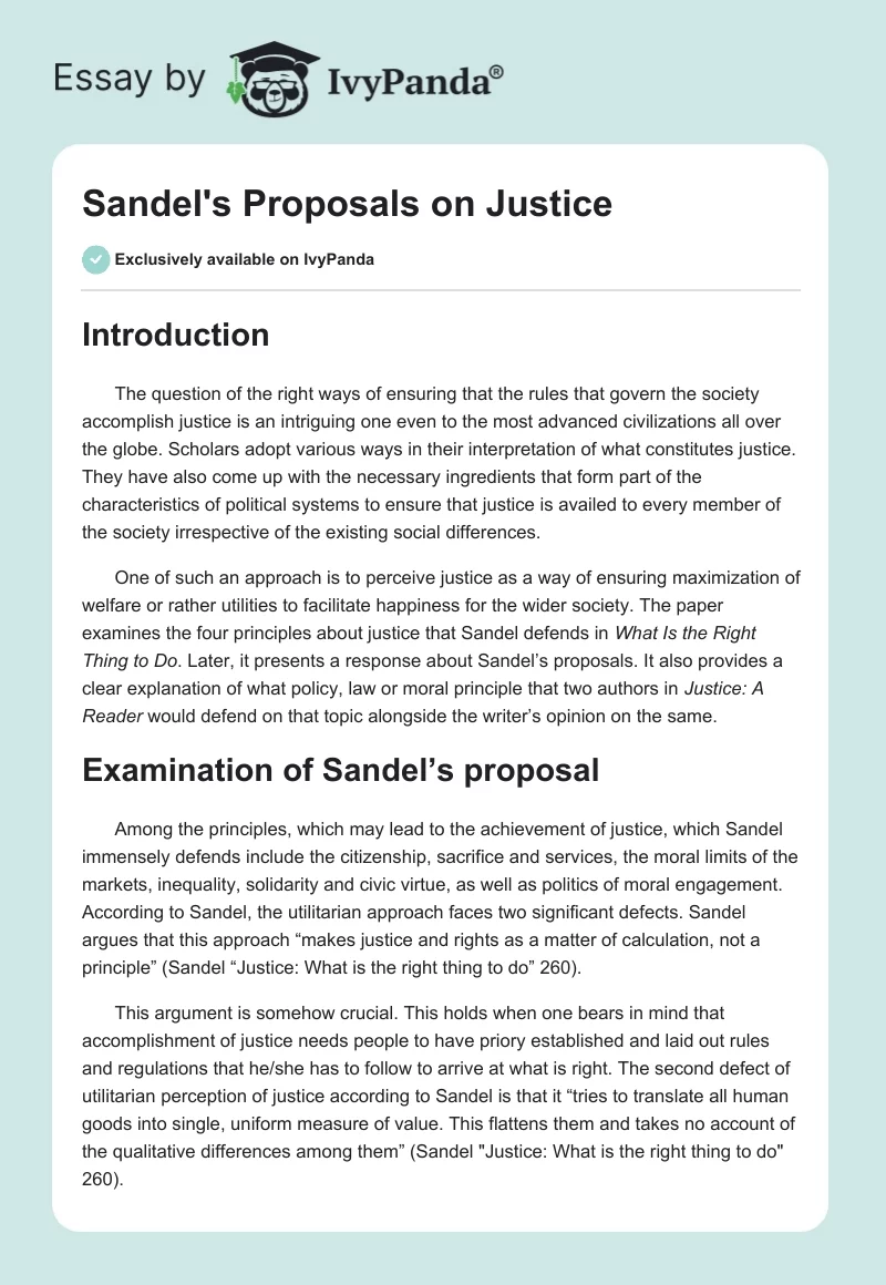Sandel's Proposals on Justice. Page 1
