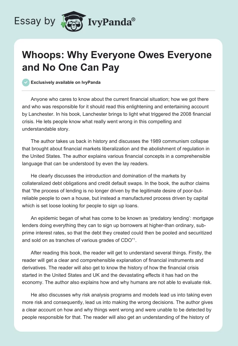 Whoops: Why Everyone Owes Everyone and No One Can Pay. Page 1