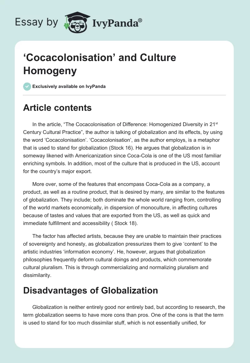 ‘Cocacolonisation’ and Culture Homogeny. Page 1