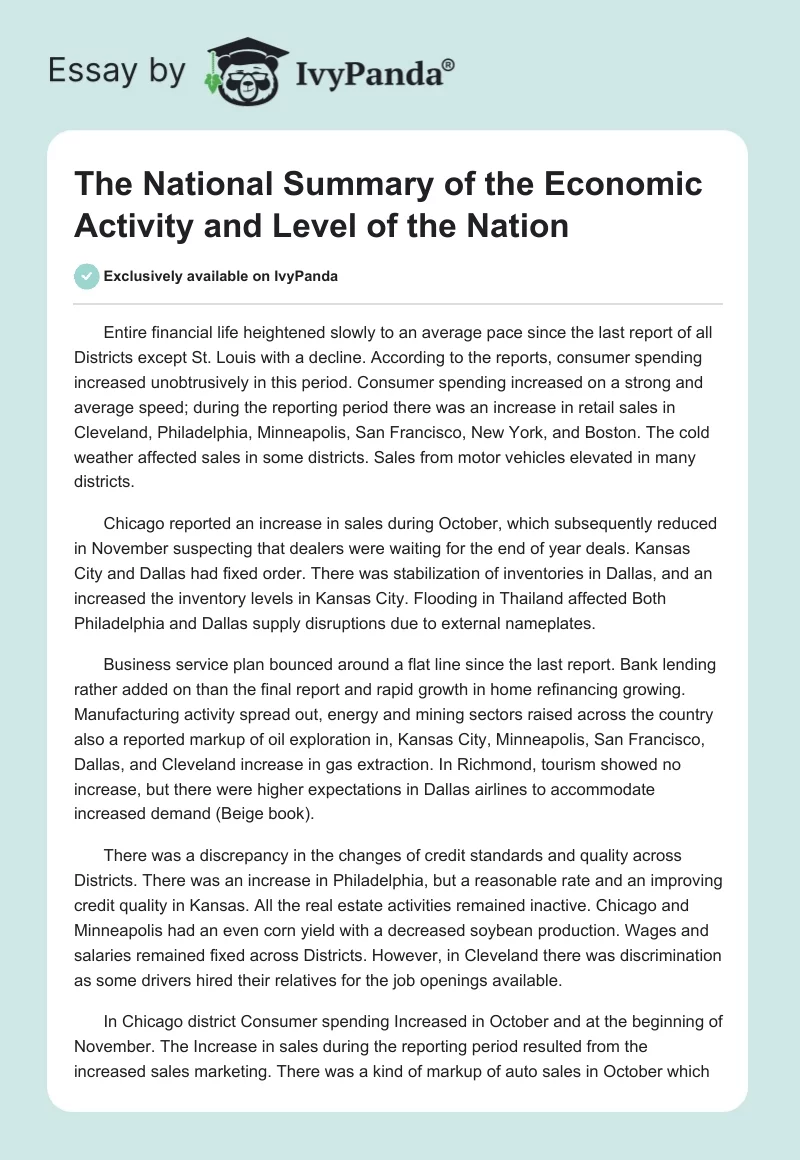 The National Summary of the Economic Activity and Level of the Nation. Page 1