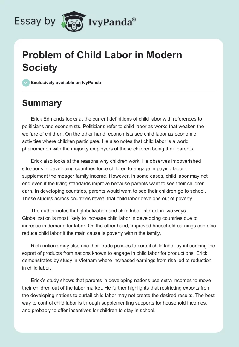 Problem of Child Labor in Modern Society. Page 1