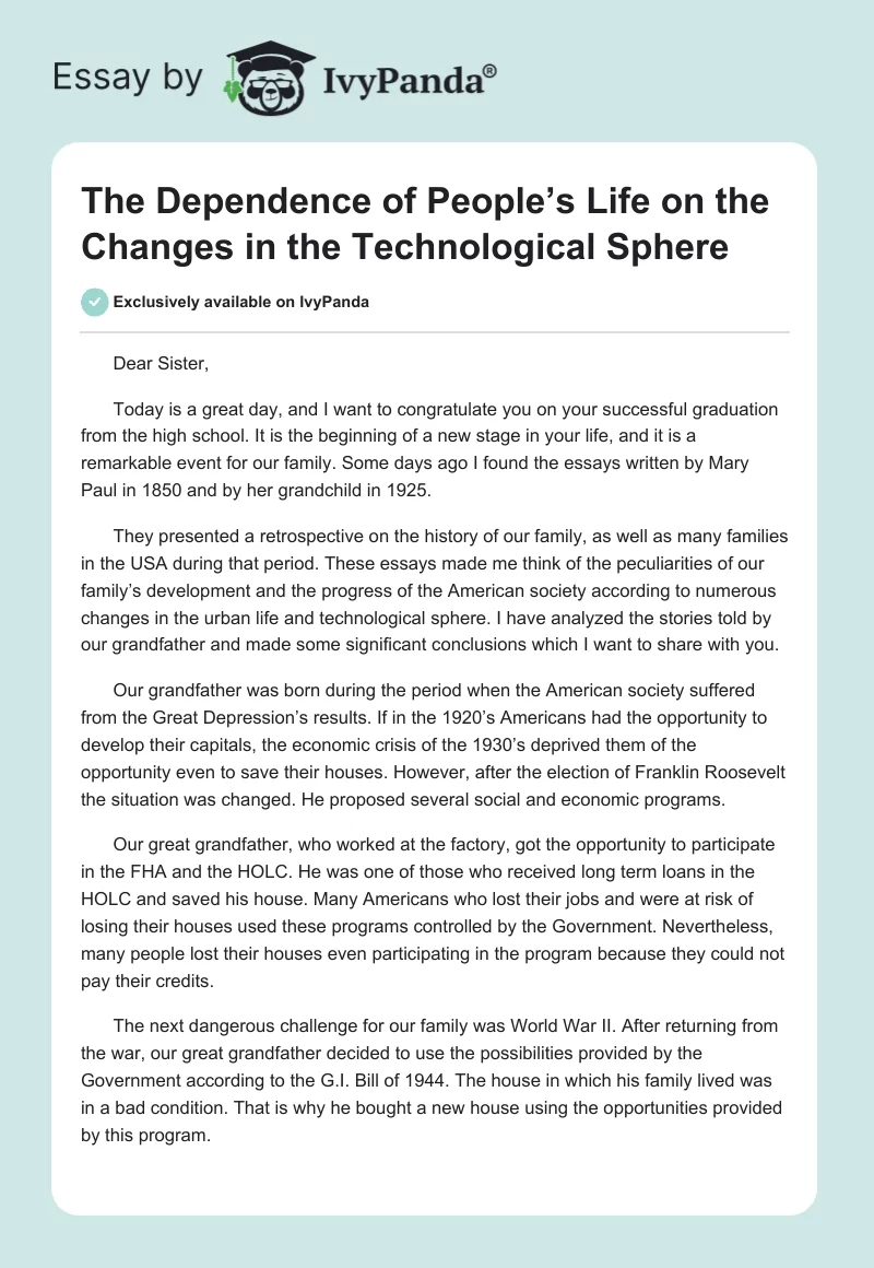 The Dependence of People’s Life on the Changes in the Technological Sphere. Page 1