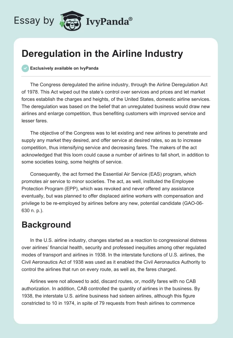 Deregulation in the Airline Industry. Page 1