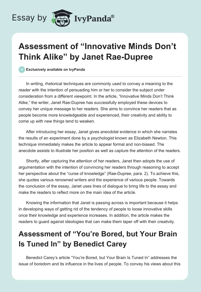 Assessment of “Innovative Minds Don’t Think Alike” by Janet Rae-Dupree. Page 1