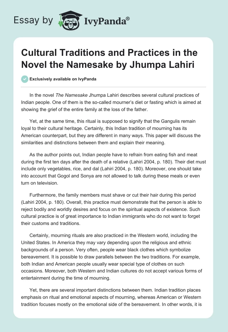Cultural Traditions and Practices in the Novel the Namesake by Jhumpa Lahiri. Page 1