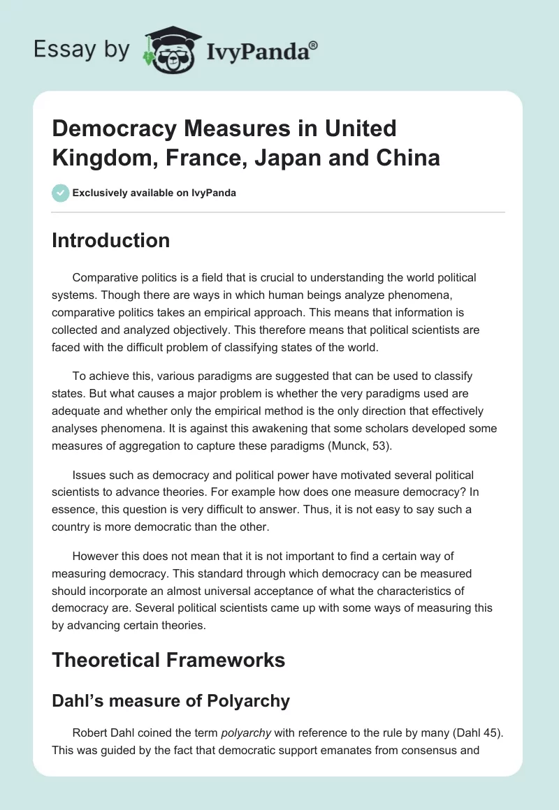 Democracy Measures in United Kingdom, France, Japan and China. Page 1