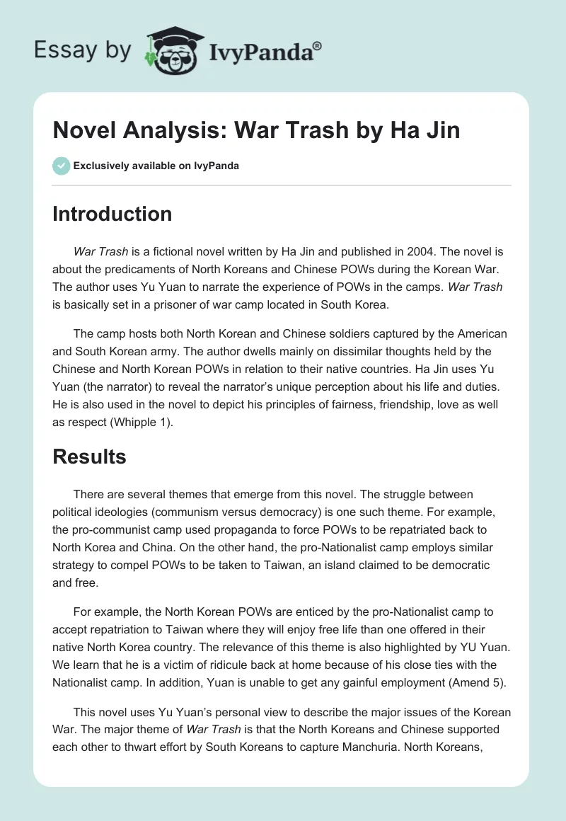 Novel Analysis: "War Trash" by Ha Jin. Page 1