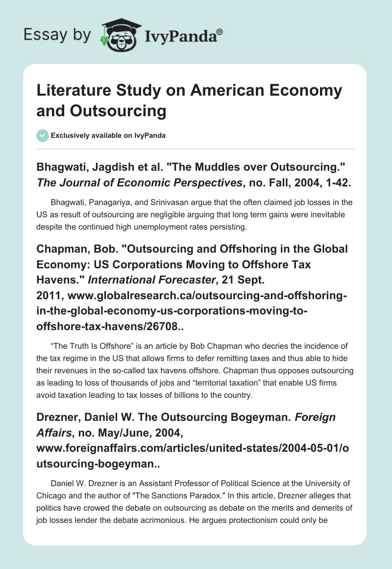 Literature Study on American Economy and Outsourcing. Page 1