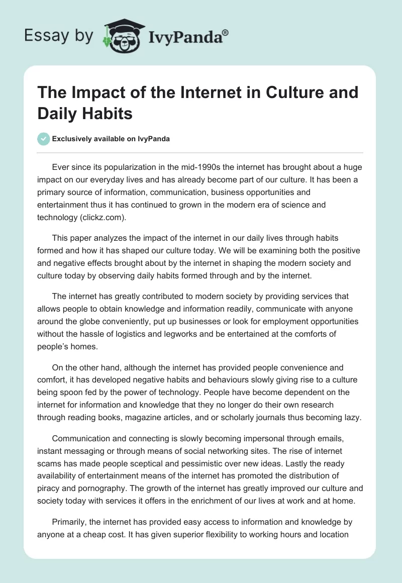 The Impact of the Internet in Culture and Daily Habits. Page 1
